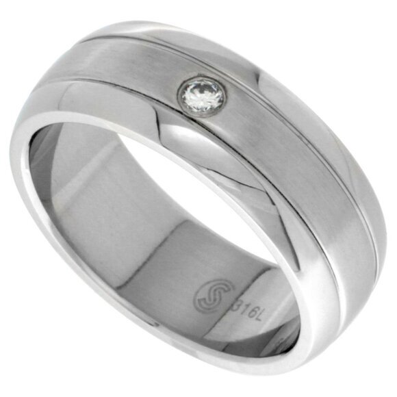 Surgical Stainless Steel 8mm Cz Domed Wedding Band